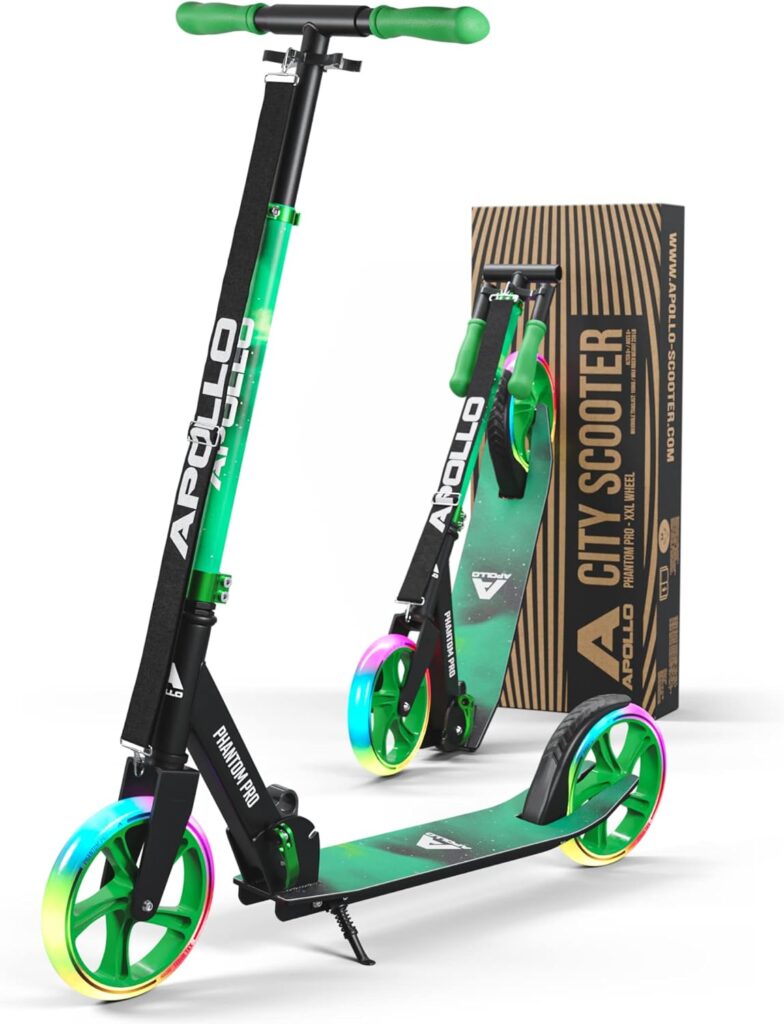 APOLLO Adult Scooter - Folding Kick Scooter for Teens and Adults Weighing up to 220 lbs. Foldable, with Big Wheels (XXL), and an LED Light-Up Wheel Option