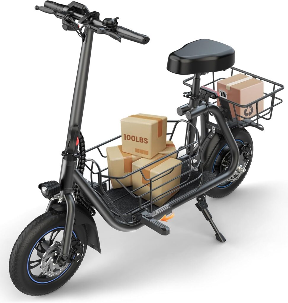 Electric Scooter with Seat for Adults, 550W Powerful Motor, 20-Mile Range, Speed up to 18.6MPH, Ample Storage for Pets  Cargo