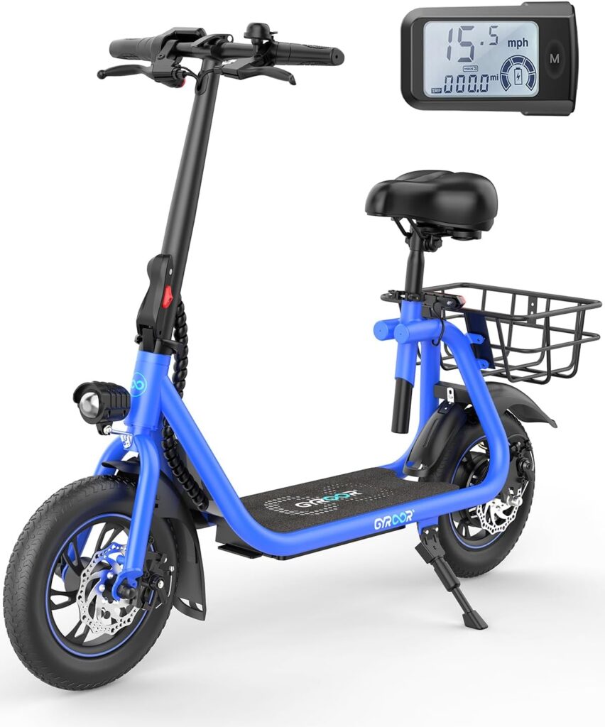 Gyroor Electric Scooter for Adults with Seat, 20/25 Miles Range 450W Motor up to 15.5/18.6 MPH Speed LCD Display, Electric Scooter with Basket