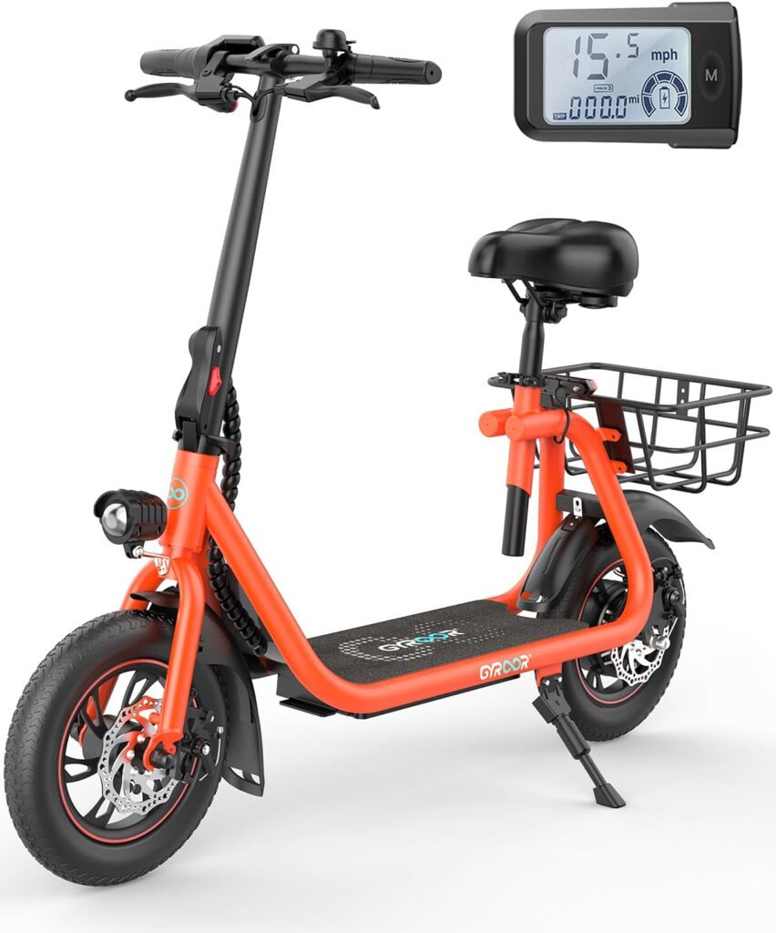 Gyroor Electric Scooter for Adults with Seat, 20/25 Miles Range 450W Motor up to 15.5/18.6 MPH Speed LCD Display, Electric Scooter with Basket