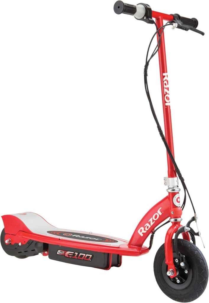 Razor E100 Electric Scooter for Kids Ages 8+ - 8 Pneumatic Front Tire, Hand-Operated Front Brake, Up to 10 Mph and 40 Min of Ride Time, for Riders Up to 120 Lbs