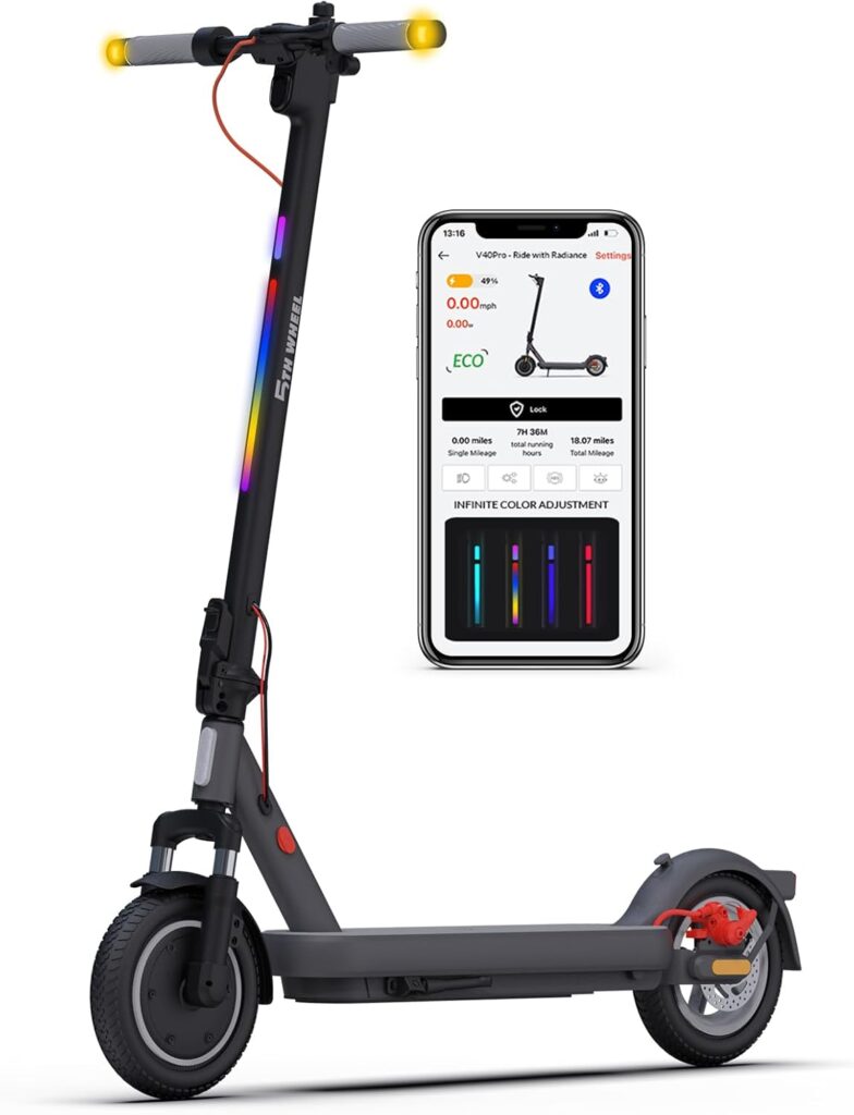 5TH WHEEL V40PRO Electric Scooter with Turn Signals - 24.9 Miles Range  20 MPH, 48V 800W Peak Motor, 10 Solid Tires, Dual Suspension and Ambient Light, Foldable Electric Scooter for Adults