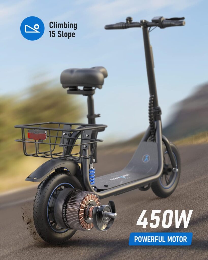 C1 Electric Scooter with Seat, Foldable Scooter for Adults Carry up to 265lbs, 450W Powerful Motor 25 Miles Range with Dual Shock Absorbers, 18.6mph Commuter E-Scooter with Basket