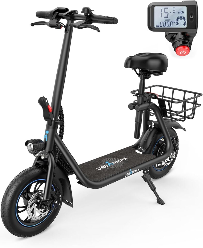 C1/C1 Pro Electric Scooter with Seat, 450W Powerful Motor up to 20/25 Miles Range, Foldable Electric Scooter for Adults Max Speed 15.5/18.6 Mph, Electric Scooter for Commuting with Basket