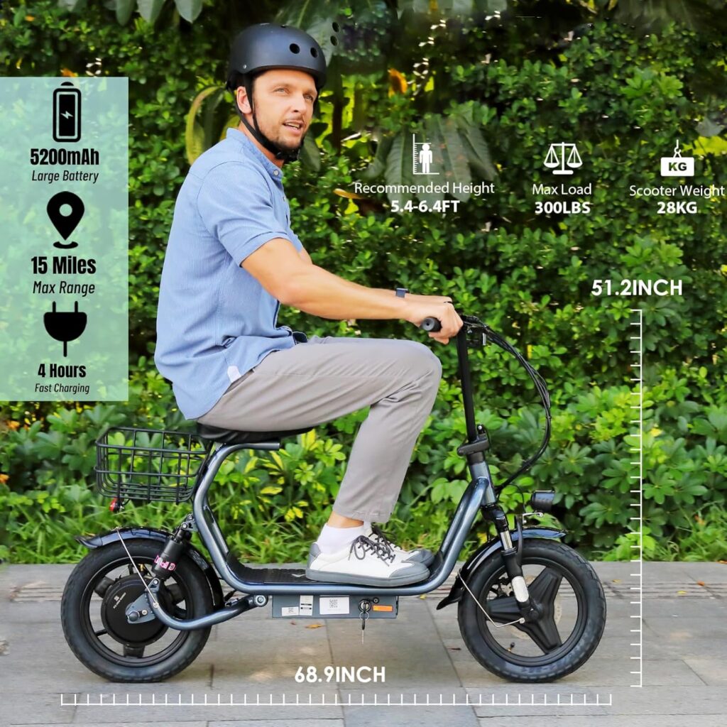 Caroma 1200W Peak Electric Scooters for Adults, 14 Fat Tire, 500Wh Battery, 30 Miles Range, 20MPH Top Speed, Foldable Electric Scooter with Seat, Dual Shock Absorbing Electric Bike for Commuting