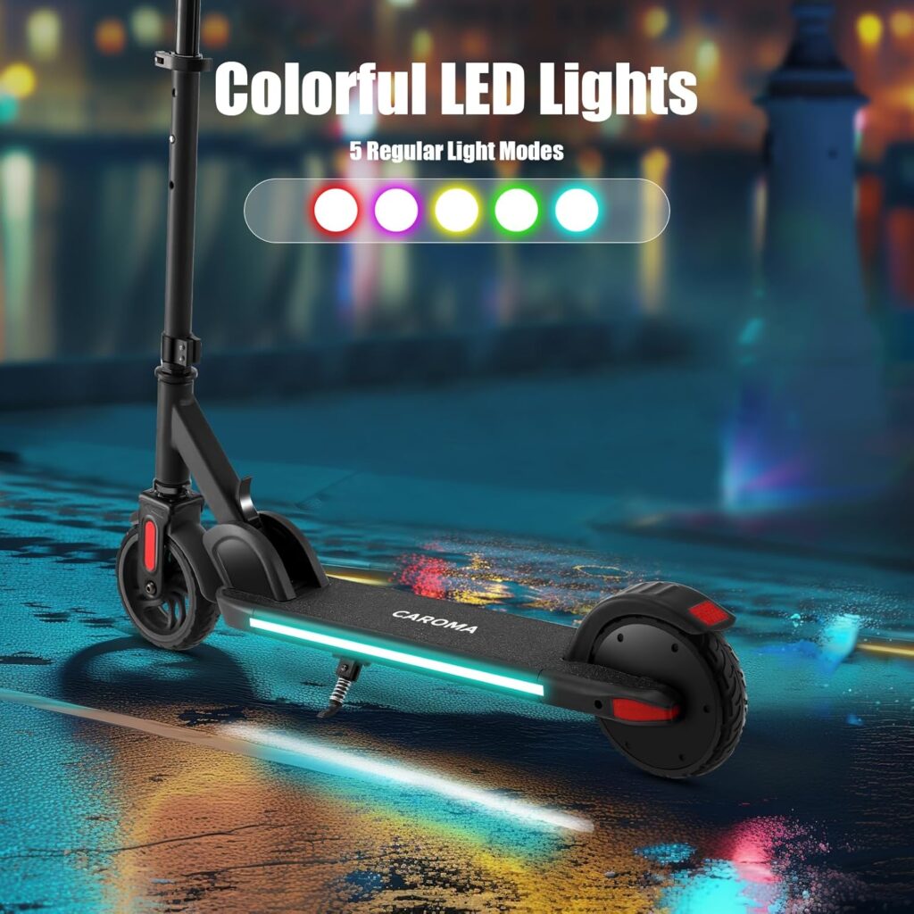 Caroma Electric Scooter for Kids Ages 6-14, 150W/180W Motor, 10 mph, 80 mins Ride Time, Adjustable Speed  Height, Colorful Lights, LED Display, Foldable Kids Electric Scooter