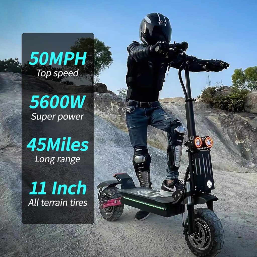 Electric Scooter for Adults Peak 5600W Dual Motor Up to 50MPH,Battery Range to 45Miles Fast Sports Escooter 11 Off Road Tires 800lbs Max Load Folding Scooter for Teens with Detachable Seat