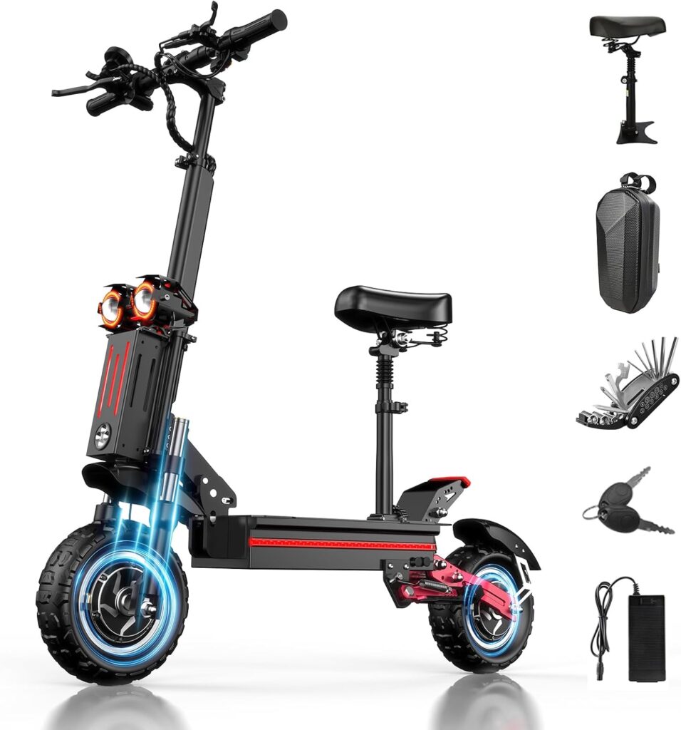 Electric Scooter for Adults Peak 5600W Dual Motor Up to 50MPH,Battery Range to 45Miles Fast Sports Escooter 11 Off Road Tires 800lbs Max Load Folding Scooter for Teens with Detachable Seat