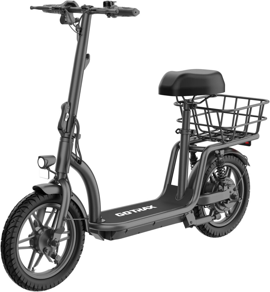 Gotrax Electric Scooter with Seat for Adult, Max 16-25miles Range, 15.5-20mph Power by 350W-500W Motor, Comfortable 14 Pneumatic Tire and Wider Deck  Height Adujustable Seat with Carry Basket