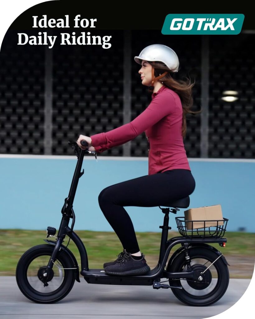 Gotrax Electric Scooter with Seat for Adult, Max 16-25miles Range, 15.5-20mph Power by 350W-500W Motor, Comfortable 14 Pneumatic Tire and Wider Deck  Height Adujustable Seat with Carry Basket