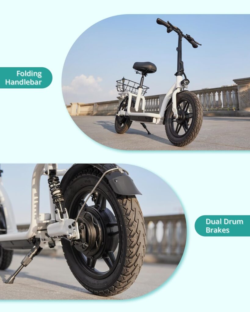Gotrax Electric Scooter with Seat for Adult, Max 16-25miles Range, 15.5-20mph Power by 350W-500W Motor, Comfortable 14 Pneumatic Tire and Wider Deck  Height Adujustable Seat with Carry Basket