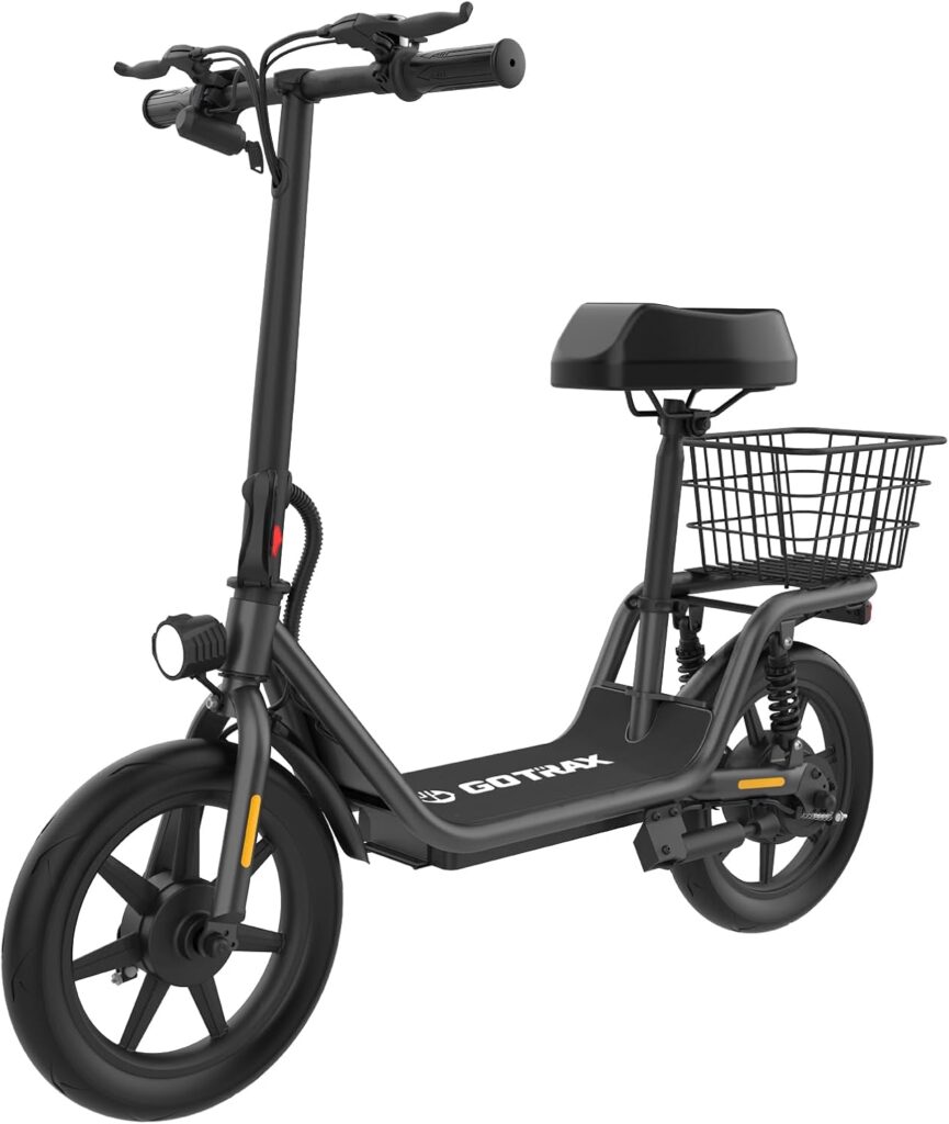 Gotrax Electric Scooter with Seat for Adult, Max 16-25miles Range, 15.5-20mph Power by 350W-500W Motor, Comfortable 14 Pneumatic Tire and Wider Deck  Height Adujustable Seat with Carry Basket