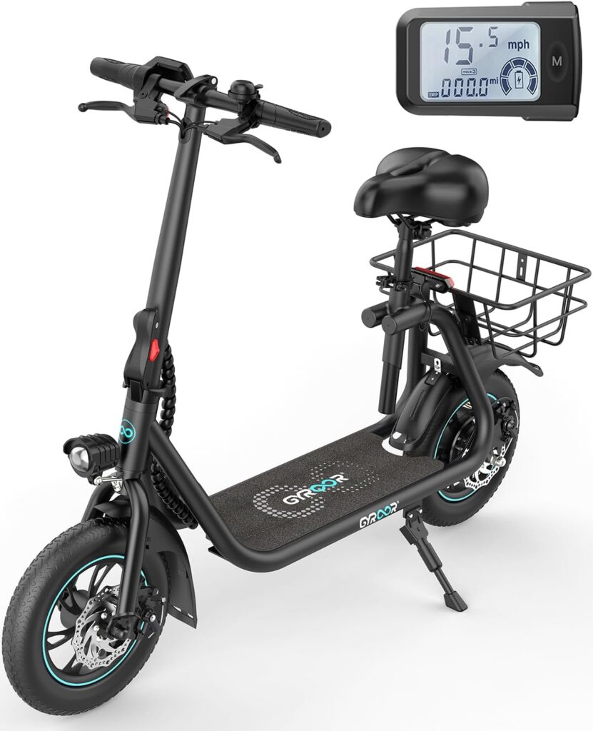 Gyroor Electric Scooter for Adults with Seat, 20/25 Miles Range 450W Motor up to 15.5/18.6 MPH Speed LCD Display, Electric Scooter with Basket