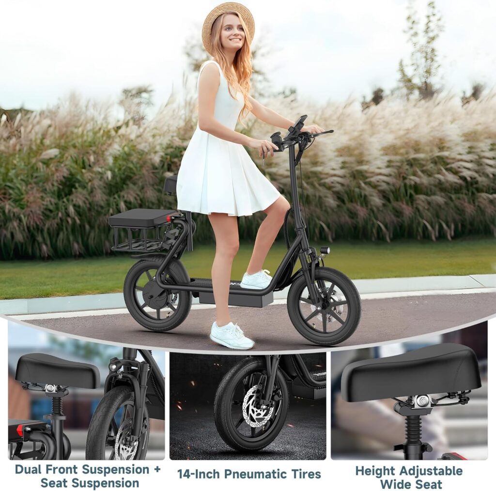 H3/H3PRO Electric Scooter with Seat, 750W Peak Motor, 14 Pneumatic Tires, Top Speed 22 mph, Max 27/49 Miles Ranges, Foldable E-Scooter with Front Suspension, Back Basket