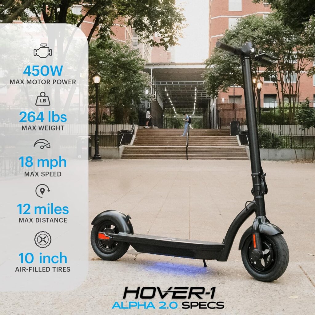 Hover-1 Alpha Cargo/2.0 Foldable Electric Scooter with 300W/450W Brushless Motor, 16-18 mph Max Speed, 10/12” Tires, and 12-15 Mile Range