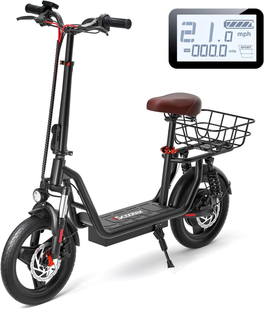 iScooter Electric Scooter with Seat, 34/21 Miles Long Range  21/15.6 Mph Top Speed, 14/12 Pneumatic Tire, Height Adjustable Seat Handlebar, Dual Suspensions Commuting Scooter with Basket