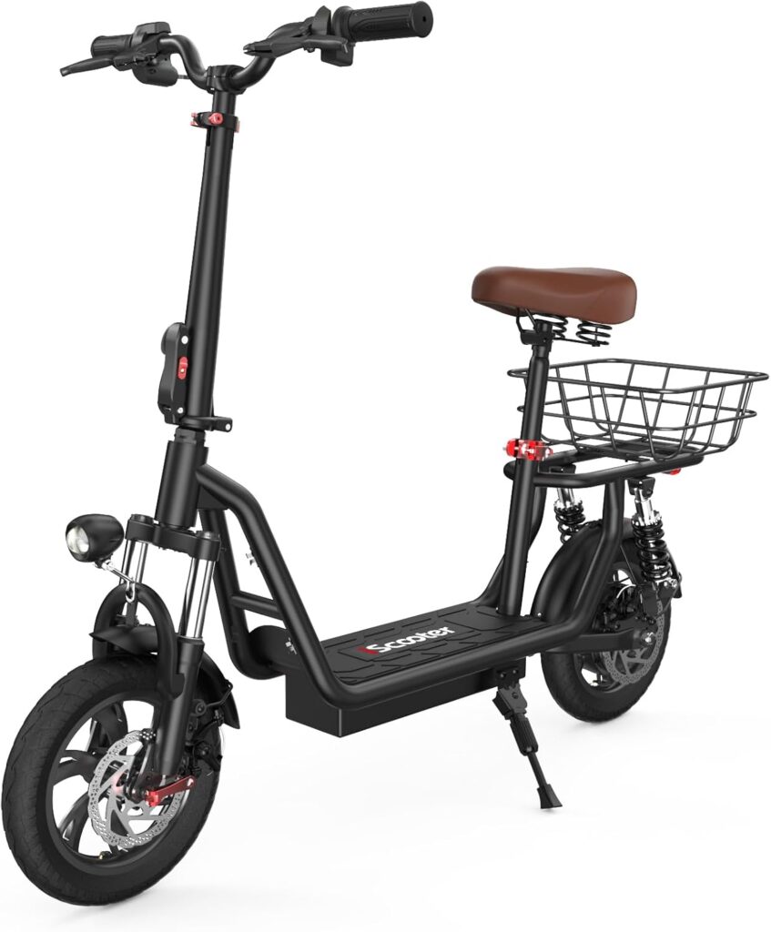 iScooter Electric Scooter with Seat, 34/21 Miles Long Range  21/15.6 Mph Top Speed, 14/12 Pneumatic Tire, Height Adjustable Seat Handlebar, Dual Suspensions Commuting Scooter with Basket