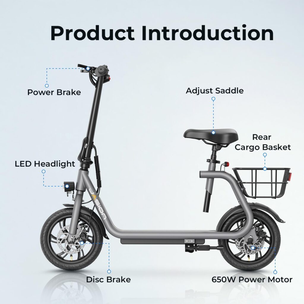 Jasion JS3 Electric Scooter for Adults with Seat, 650W Peak Motor[20MPH Max Speed], 20Miles Ranges Adult Electric Scooters, Foldable E-Scooter with Basket for Commuting