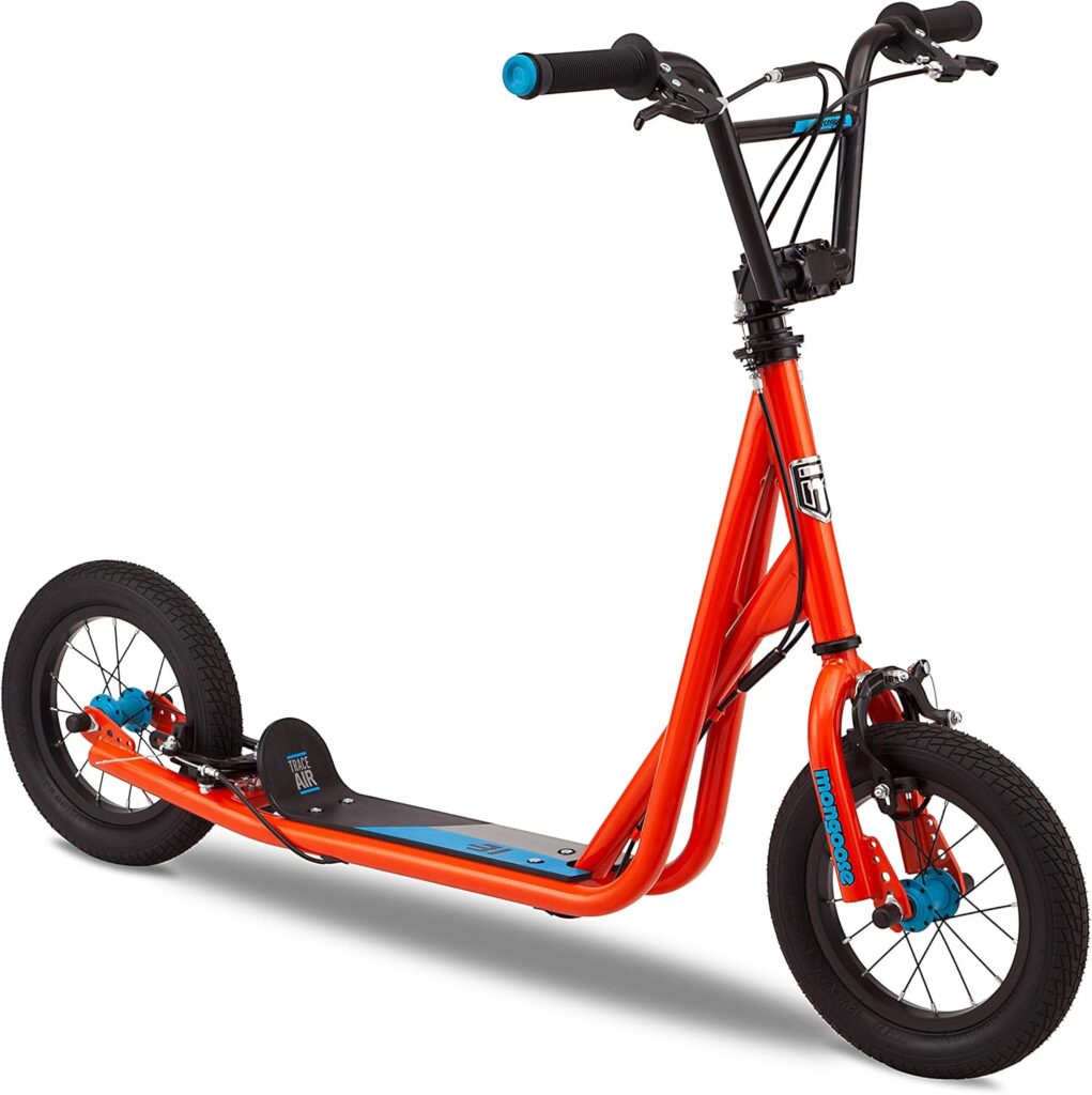 Mongoose Trace Air Non-Electric Scooter for Youth Boys Girls Age 8+ Year Old, Max Weight of 220 lbs., 12-Inch Air Tires, Non-Folding Design, Adjustable Height Stem, BMX-Style Handlebar, Wide Foot Deck