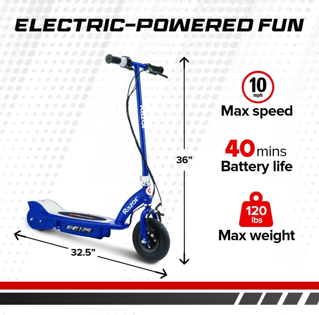 Razor E125 Kids Ride-on 24V Motorized Battery Power Operated Electric Scooter with up to 10 MPH Speed and Pneumatic Wheels for Ages 8 Above, Blue