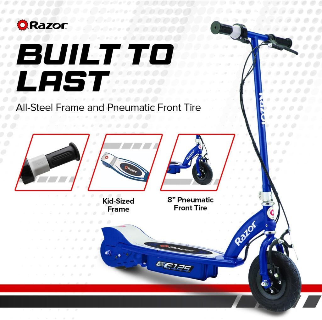 Razor E125 Kids Ride-on 24V Motorized Battery Power Operated Electric Scooter with up to 10 MPH Speed and Pneumatic Wheels for Ages 8 Above, Blue