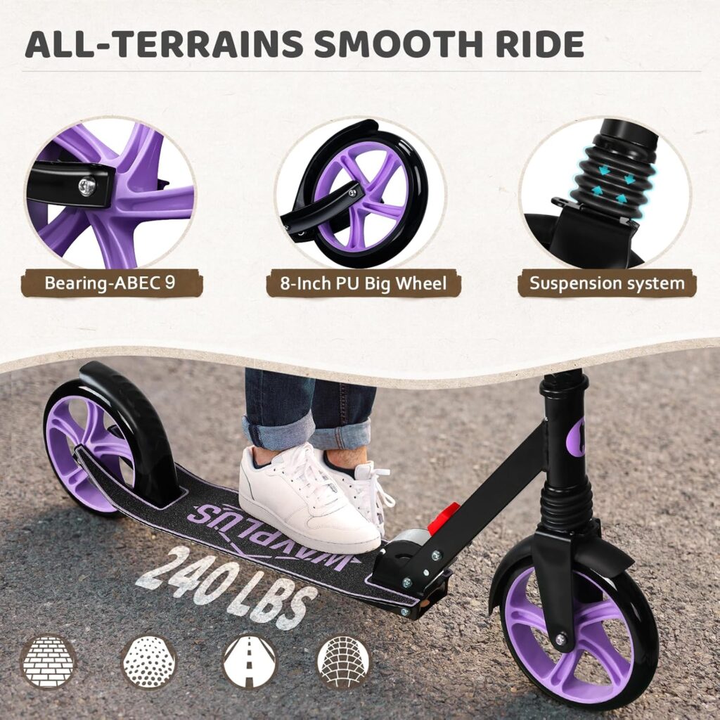 WAYPLUS Kick Scooter for Ages 6+,Kid, Teens  Adults. Max Load 240 LBS. Foldable, Lightweight, 8IN Big Wheels for Kids, Teen and Adults, 4 Adjustable Levels. Bearing ABEC9