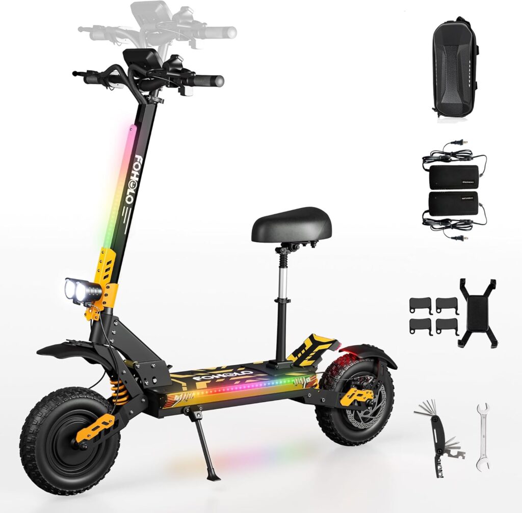 60V Electric Scooter Adults 5000W Dual Motors Top Speed 47MPH, 60V 21Ah Range 55 Miles, 12 All-Terrain Tires Foldable Fast Scooter with Seat, E-Scooter for Mountains, Off-Road, Road