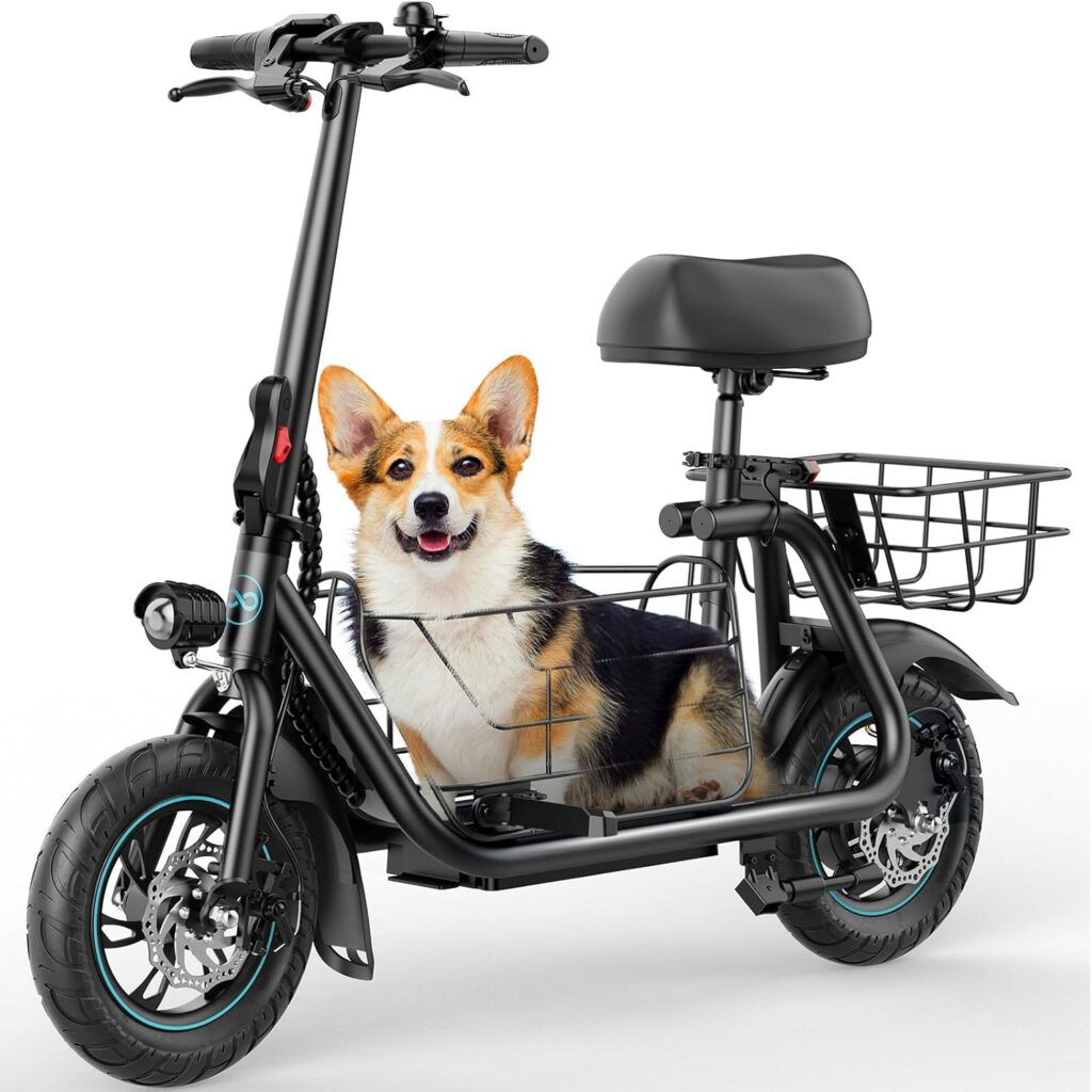 Gyroor Adults Electric Scooter with Large Middle Basket, 550W Motor 18.6 MPH 20 Mile Distance, Foldable E-Scooter with seat for Pets  Cargo