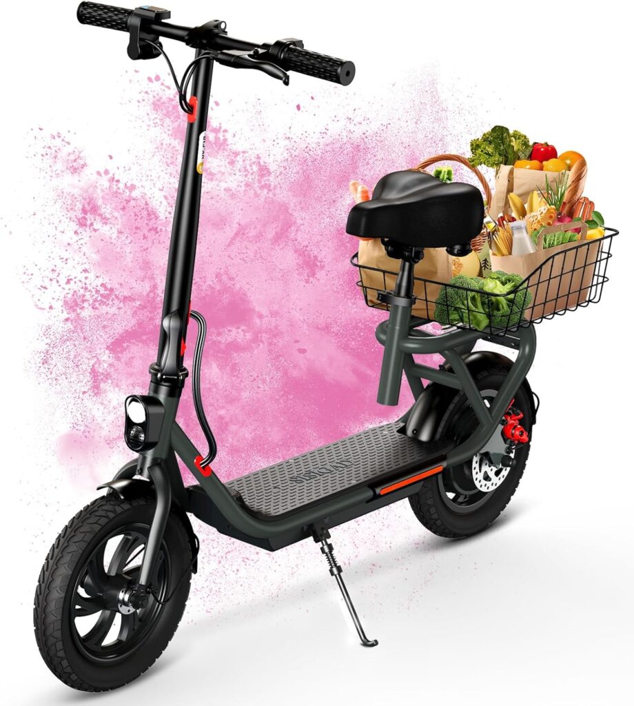 SISIGAD Electric Scooter with Seat 12 Pneumatic Tires, Peak 600W Motor, Top Speed 20Mph, 20 Miles Long Range, E Scooter for Adults, Folding E-Scooter for Commuting with Dual Braking System