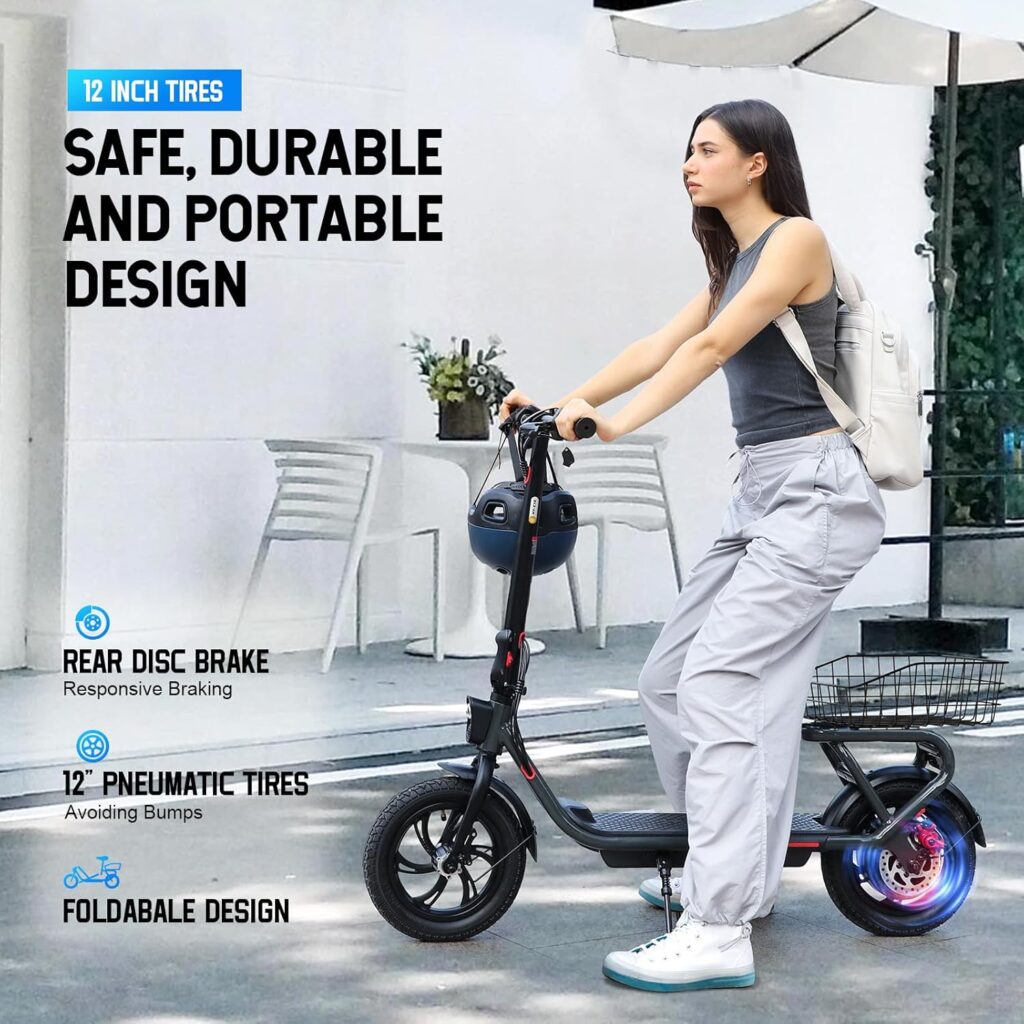 SISIGAD Electric Scooter with Seat 12 Pneumatic Tires, Peak 600W Motor, Top Speed 20Mph, 20 Miles Long Range, E Scooter for Adults, Folding E-Scooter for Commuting with Dual Braking System