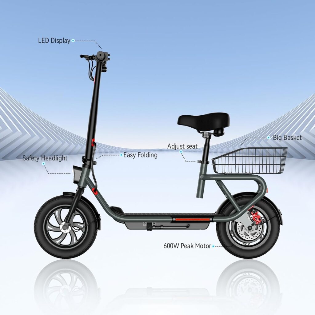 SISIGAD Electric Scooter with Seat 12 Pneumatic Tires, Peak 600W Motor, Top Speed 20Mph, 20 Miles Long Range, E Scooter for Adults, Folding E-Scooter for Commuting with Dual Braking System