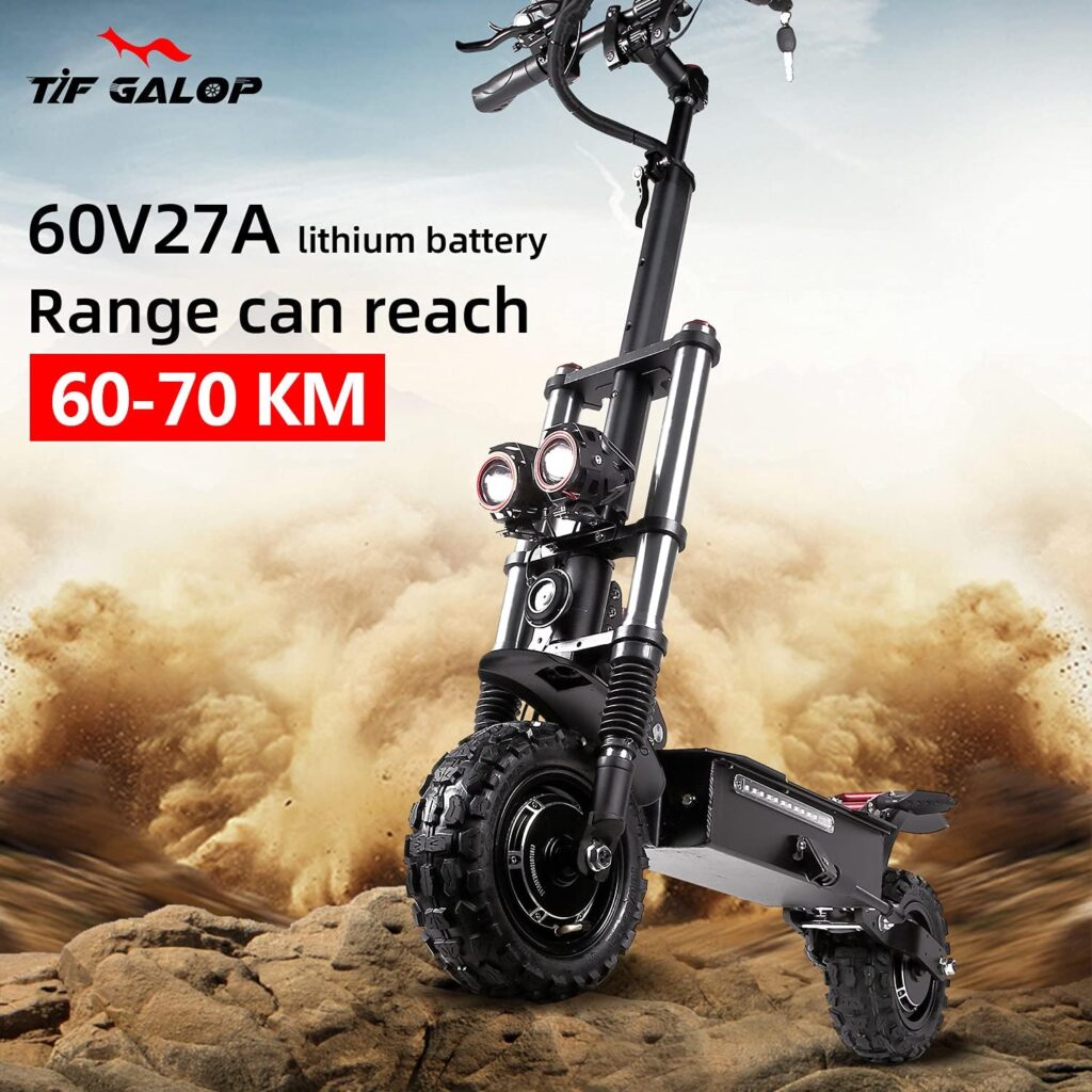 TIFGALOP Electric Scooter High Power Dual Drive 5600W Motor Up to 50 MPH and 60 Miles Range 11 Inch Tubeless Off Road Tires Electric Scooter for Adults with Detachable Seat