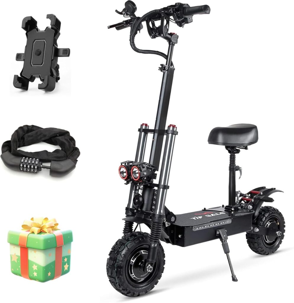 TIFGALOP Electric Scooter High Power Dual Drive 5600W Motor Up to 50 MPH and 60 Miles Range 11 Inch Tubeless Off Road Tires Electric Scooter for Adults with Detachable Seat