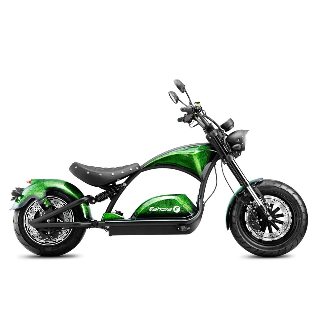 Eahora M1PS chopper-style seated electric scooter in Outlaw Green, side view